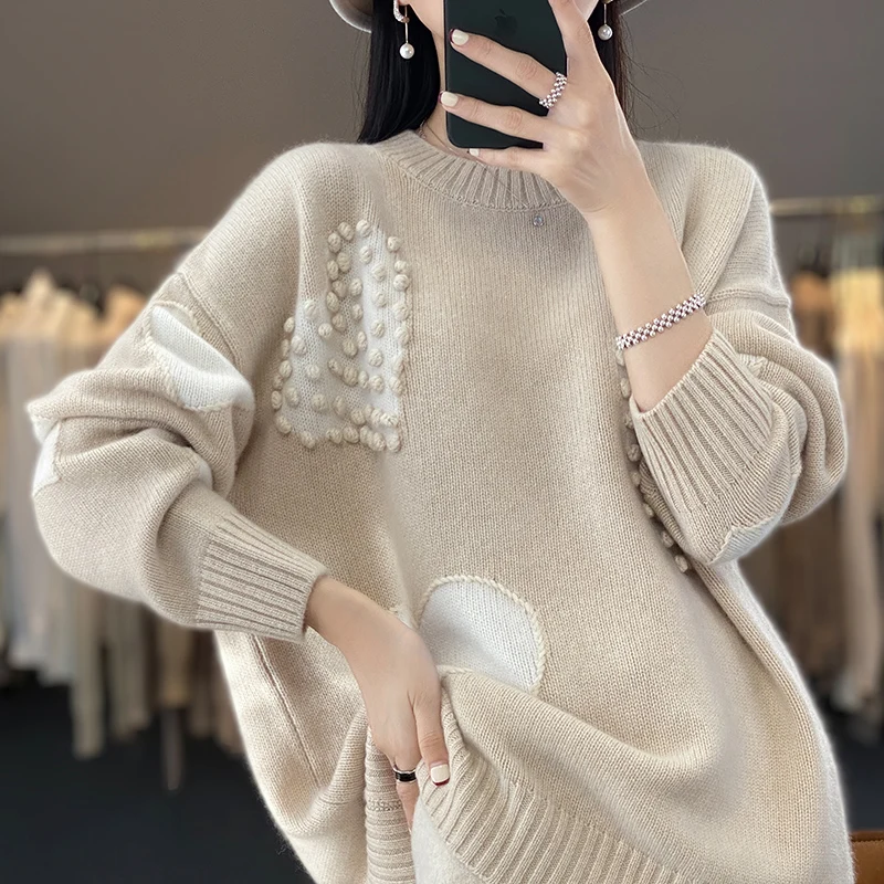

Autumn and Winter New Pure Cashmere Knitwear Women's Round Neck Pullover With Heavy Industry Embroidery Knitwear Loose Full Matc