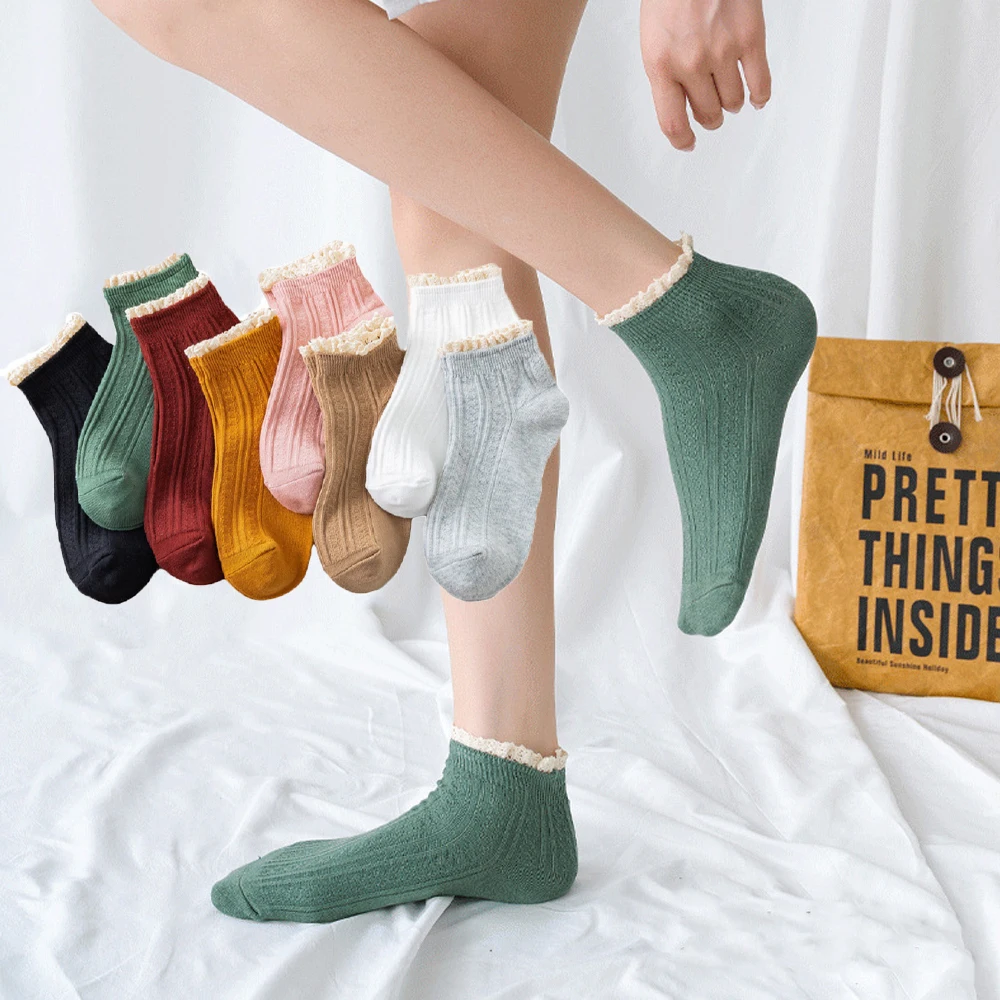 Harajuku Fashion Streetwaer Solid Candy Color Sweet Cute Lace Socks Ruffles Women Socks Cotton Socks Hosiery