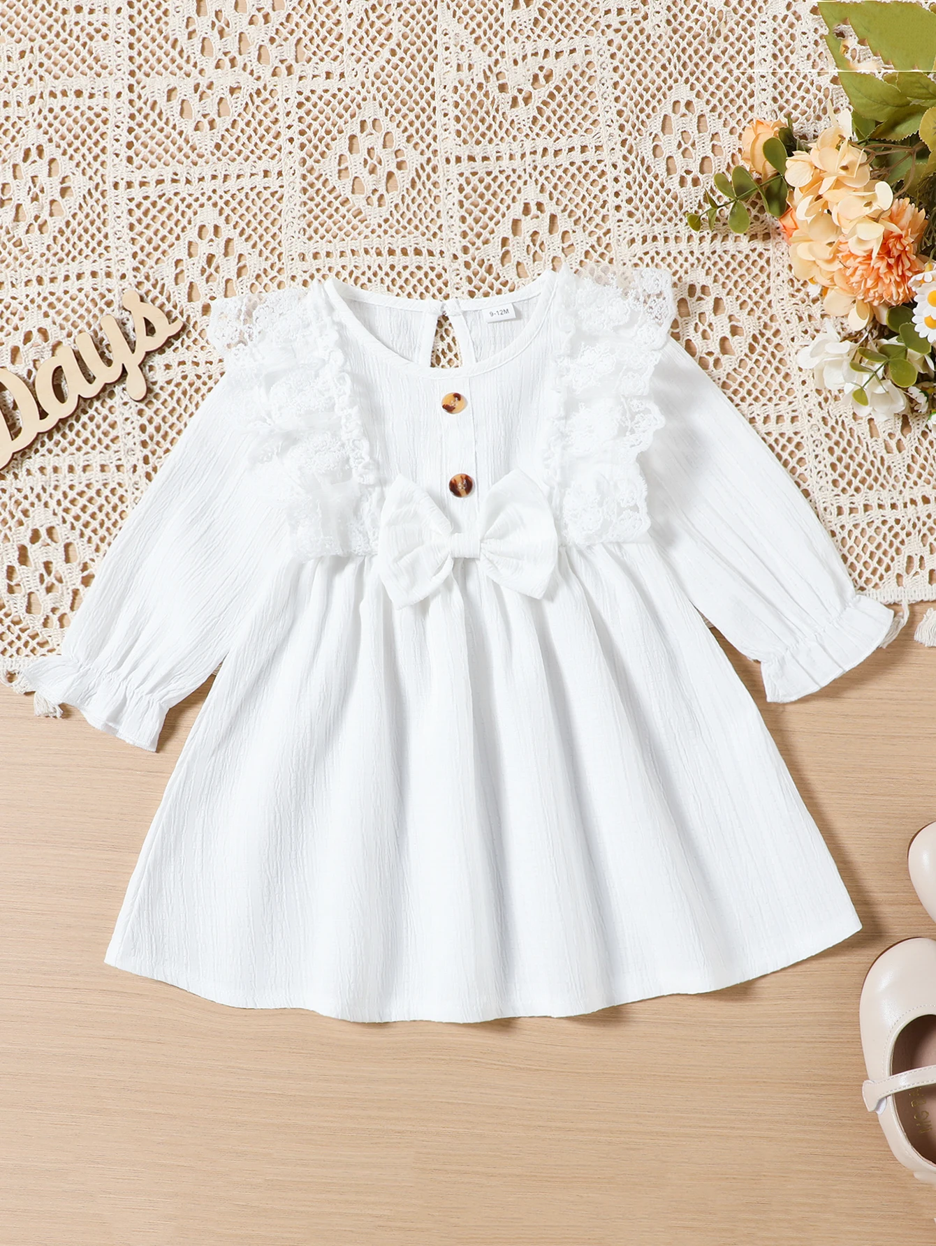 Baby Girl Solid Color Waffle Pattern Lace Design Long Sleeves Triangle Bodysuit