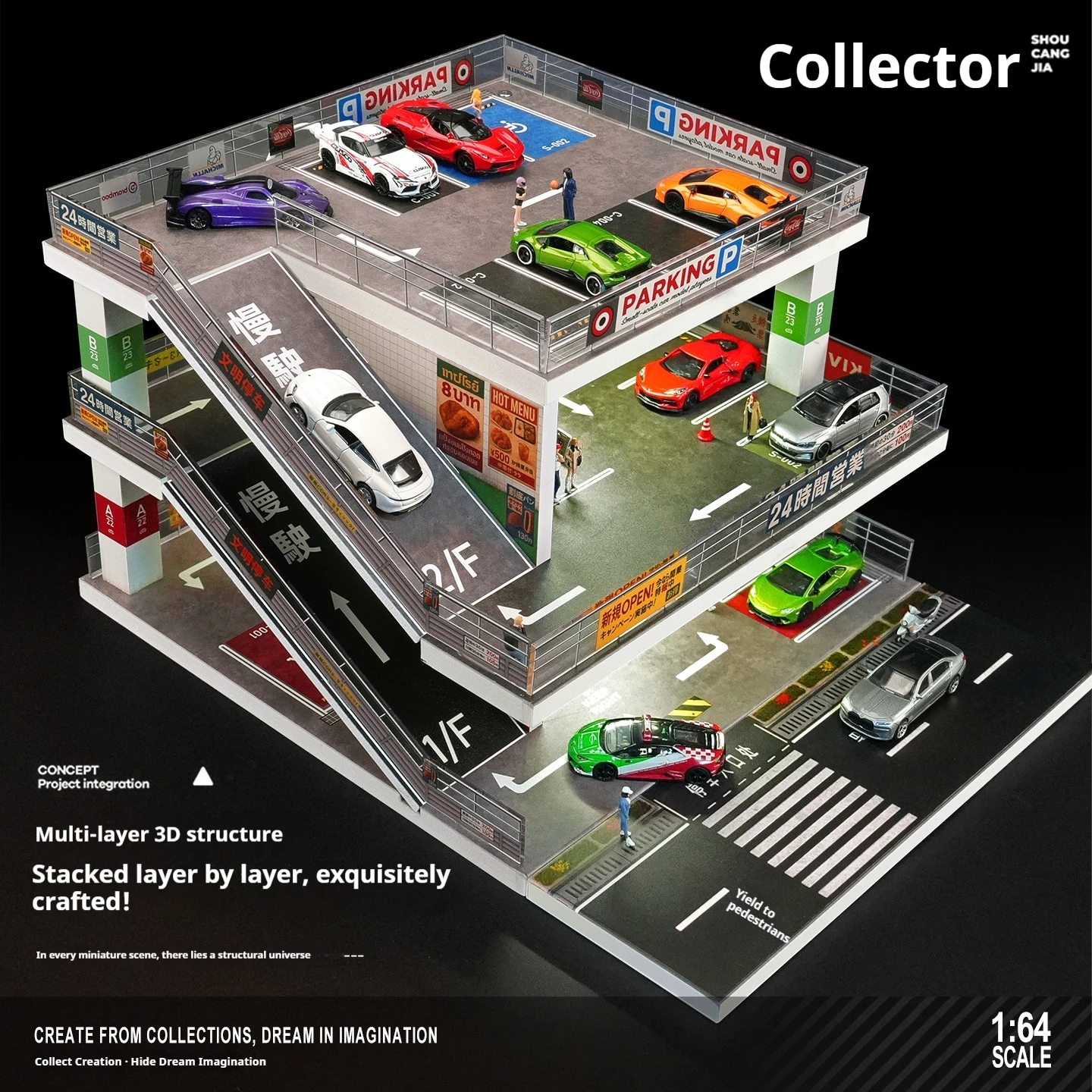 Collector 1:64 Scale LED Multi-Story Parking Garage Diorama, Ramp Model Car Display Case with Light Up for Vehicle Collection