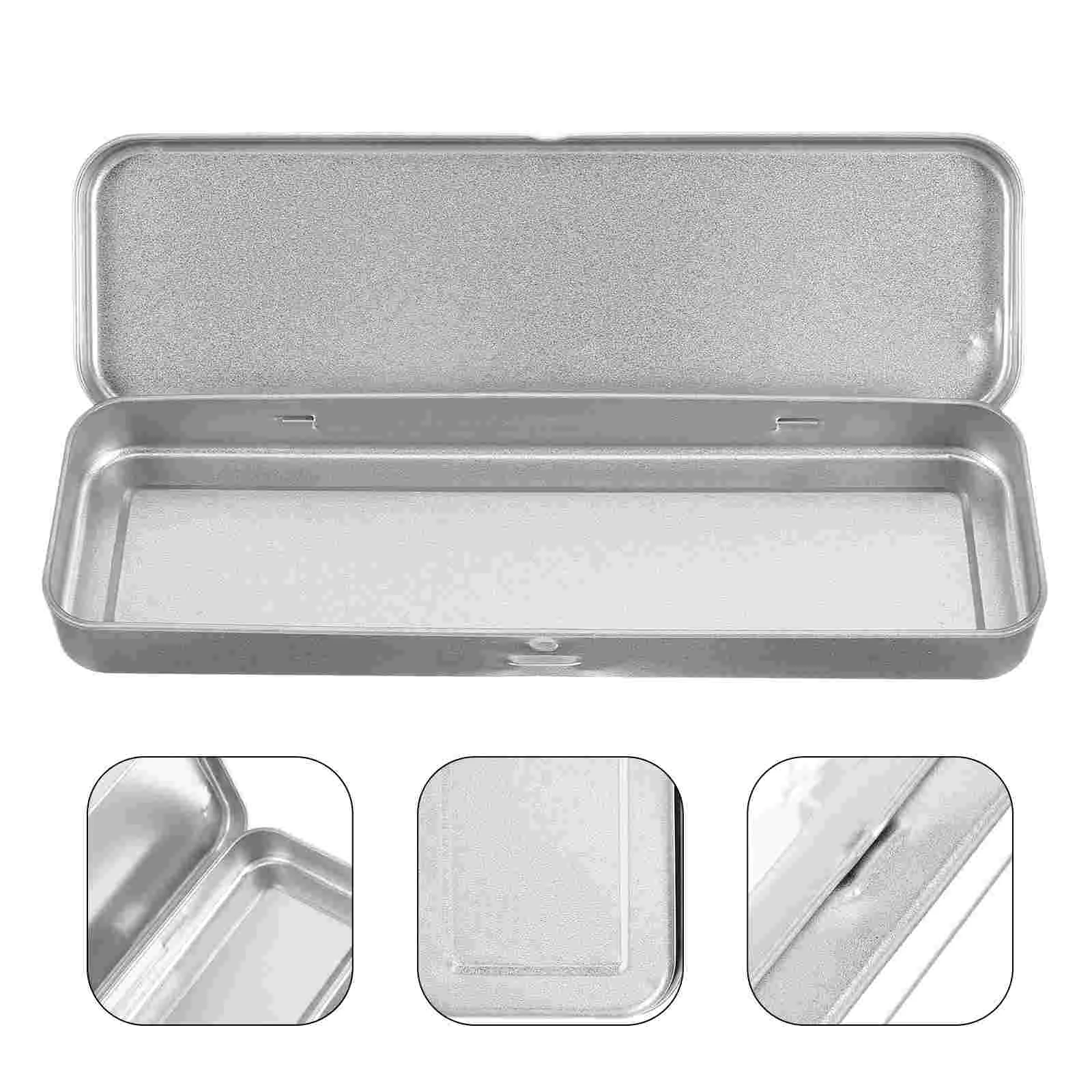 

Metal Hinged Tin Stationery Box Rectangular Case Empty Tins Box Containers Storage Organizer for Makeup Brush Pen Silver