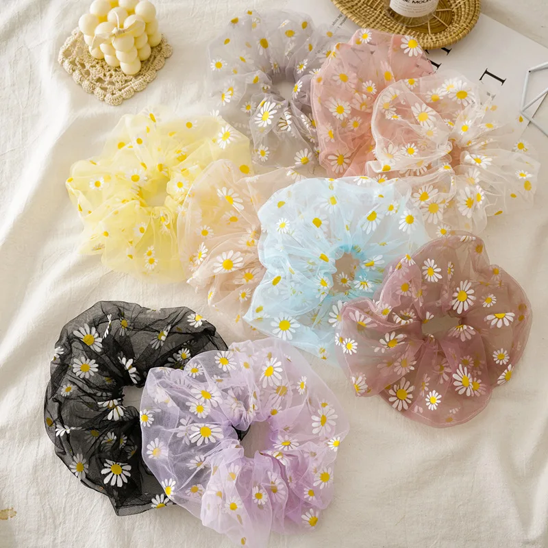 

Ins Hot Selling Summer Hand Daisy Gauze Embroidered Organza Elastic Hair Scrunchies For Sweet Girls Super Fairy Hair Accessories