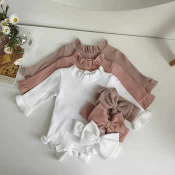 Moda bambino neonate pagliaccetto abiti set tuta in cotone a costine con maniche svasate + fascia per capelli dolce neonato abbigliamento infantile