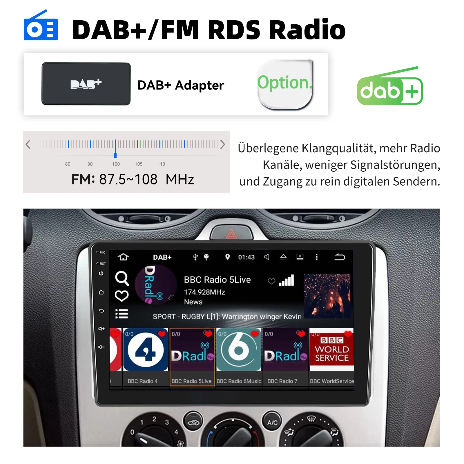 ESSGOO 9" Android 15 Kabelloses Carplay 32G/64G Für Ford FOCUS MK2 Transit MK7 Autoradio GPS Navi FM BT RDS SWC WiFi Mirror Link – Detail 20