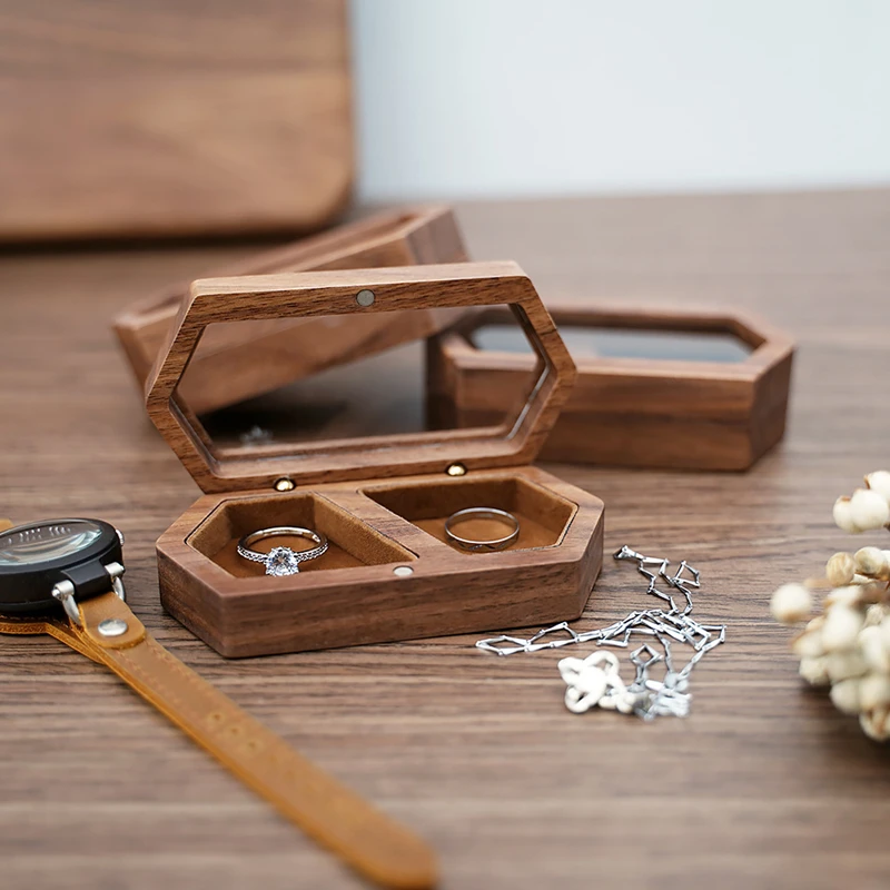 New Ring Box Jewelry Storage Engagement Wedding Ceremony Ring Customize Proposal Ring Rustic Wedding Gift for Girl Walnut Wood 4