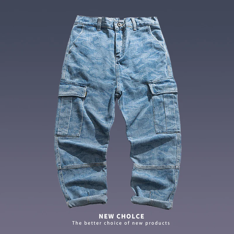 

Мужские винтажные джинсы, темно-камуфляжные брюки-карго с принтом в японском уличном стиле, прямые свободные брюки с карманами, весна-осень