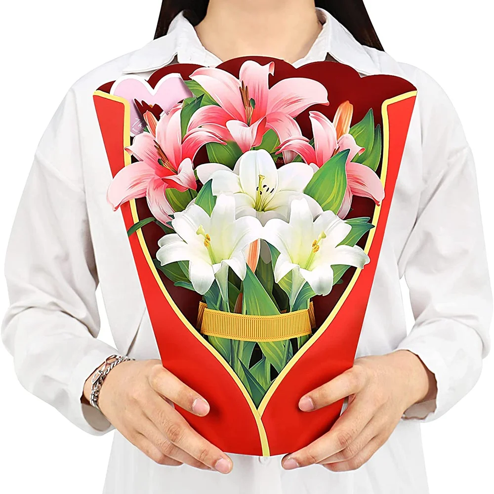 Paper Pop-Up Cards Lilies Flower Bouquet 3D Greeting Cards for Mom Mothers Day All Occasions