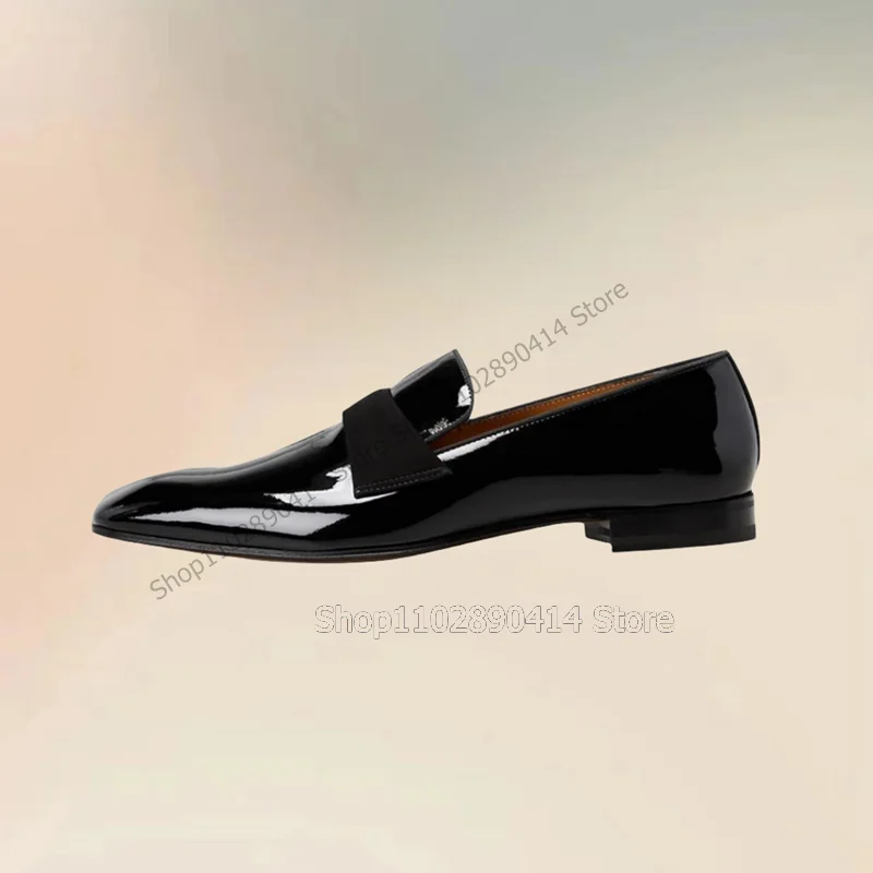 

Black Patent Leather Riband Decor Loafers Fashion Slip On Men Shoes Luxury Handmade Party Feast Banquet Office Men Dress Shoes