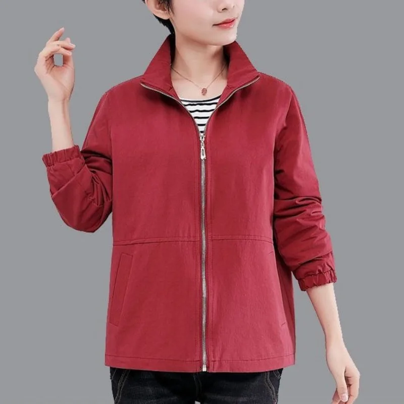 Spring and Autumn Women's Solid Color Zipper Pocket Standing Neck Short Loose Fit Coat Fashion Casual Elegant Commuter Tops