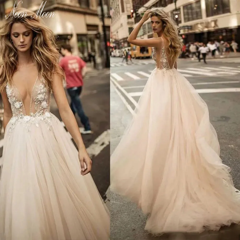 

Intriguing Deep V Neck Appliques Wedding Dress Sleeves A Line Sexy Bridal Gown Open Back Sweep Train Beach Vestidos De Novia