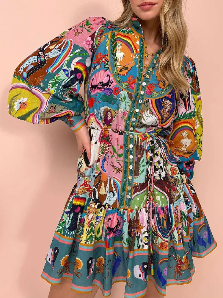 

Single Breasted Printed Lapel Lace Up Mini Dress Chic Lantern Sleeve Pleated Shirt Vestidos 2024 Summer Holiday Commuter Robes