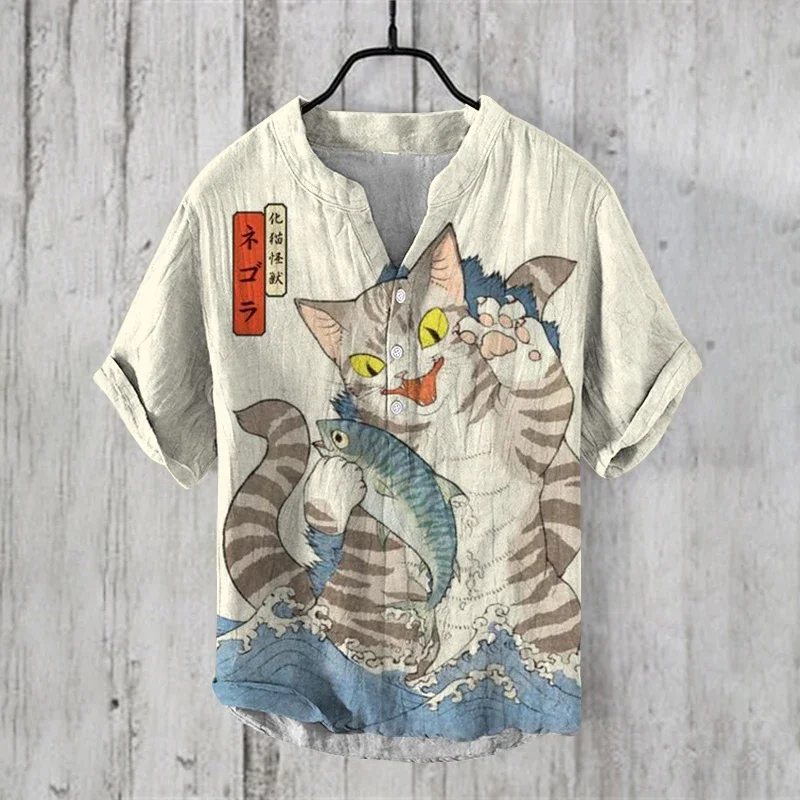 Summer Retro V-Neck Henley Shirt Men Casual Short Sleeve 3D Printed Casual Breathable Tops Tees Fashion Basic T-Shirt for Man
