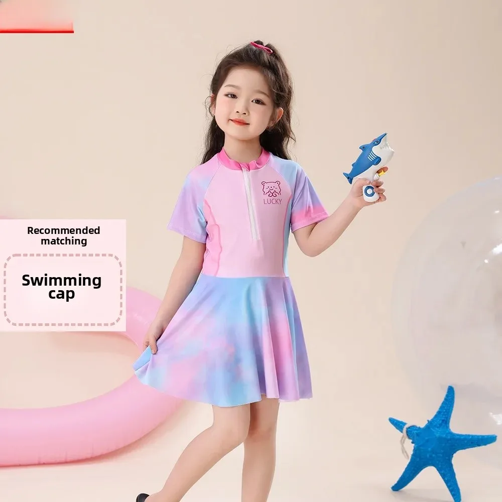 A9813 pink colorful swimsuit + swimming cap