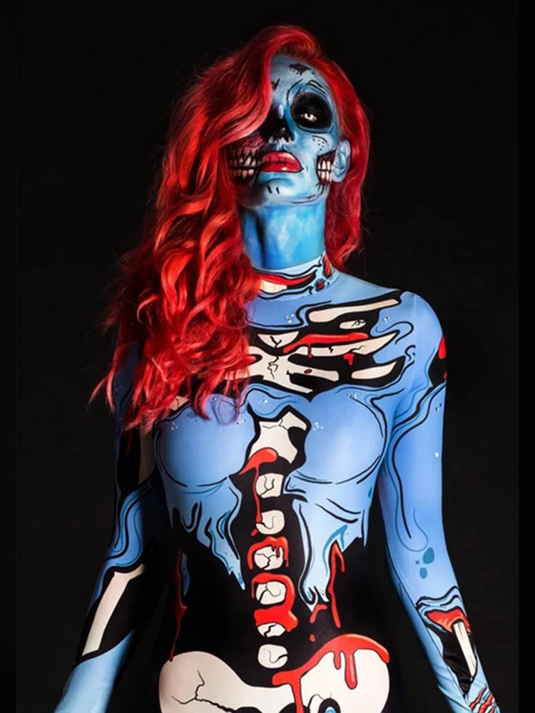 New Women Human Skeleton Bodysuit 3D Horror Devil Ghost Specter Cosplay Jumpsuit Halloween Carnival Party Performance Costumes 2