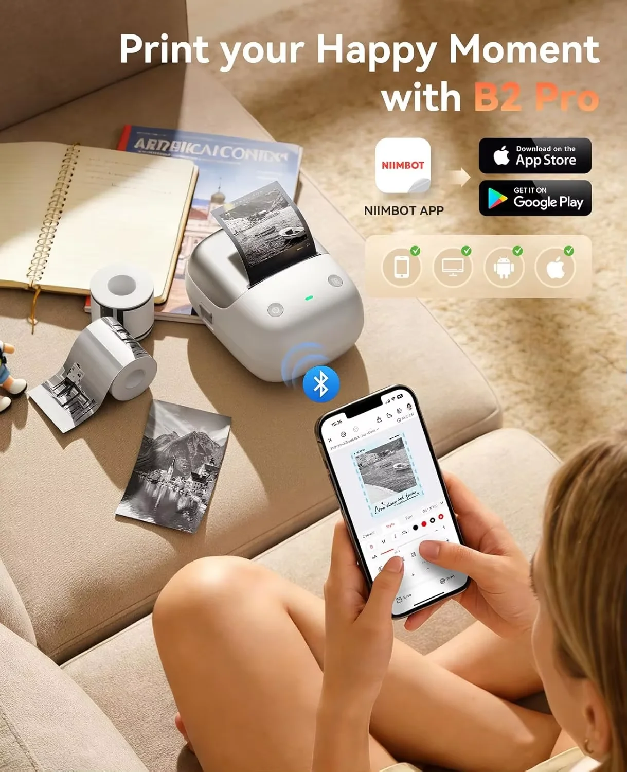 새로운 Niimbot B2 Pro 300dpi 열전사 라벨 메이커(테이프 라벨 기계 포함) 소매용 레드 블랙 듀얼 컬러 인쇄/사진 프린터