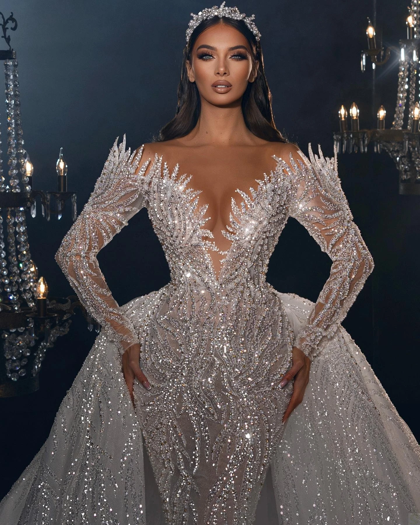 Shiny Mermaid Wedding Dresses Illusion Lace Bridal Gowns Custom Made Beaded Crystal with Detachable