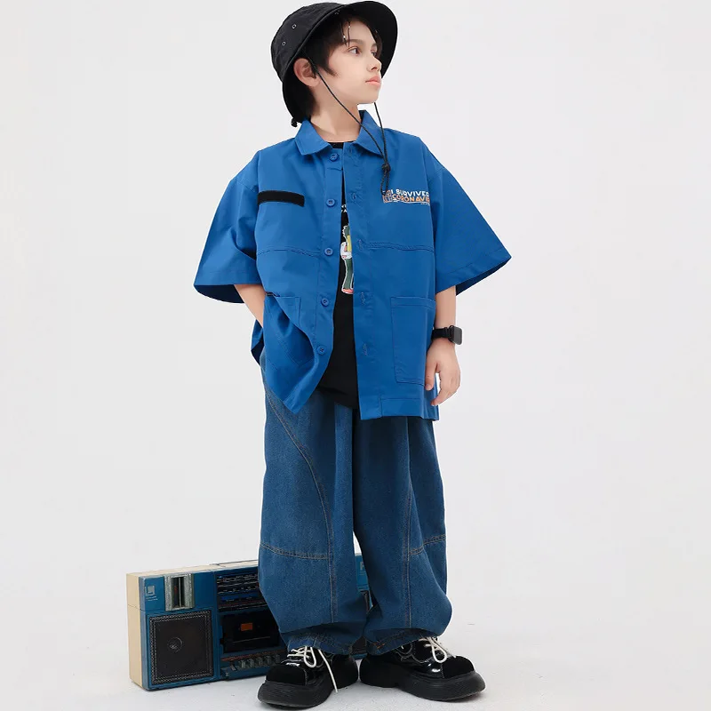 

Kid Boys Clothes Fashion Hip Hop Dance Suit Blue Lapel Jacket Elastic Waist Casual Jeans 2pcs Rave Outfits Jazz Performance Wear