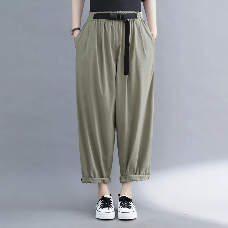 

2022 New Arrival Summer Korean Style Women All-matched Ankle-length Pants Casual Loose Elastic Waist Harem Pants V775