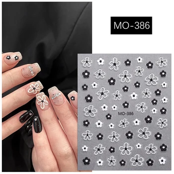 Adesivi per Unghie Eleganti con Design Floreale Primaverile, Decorazioni per Manicure, Fiori 3D, Petali Bianchi e Neri