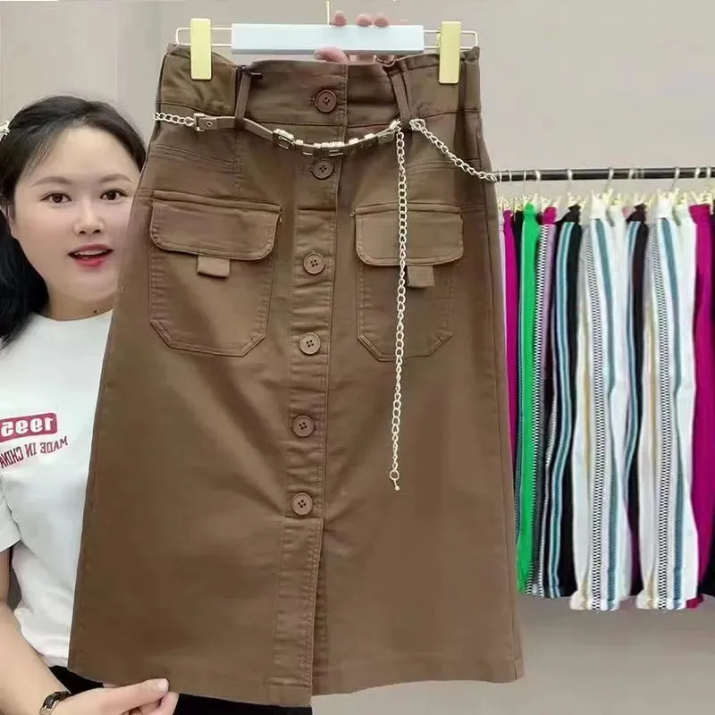 

Short Skirt Women's Spring Summer High Waist Hip Skirts Fashion Waistband Button Khaki Black Brown Pocket Skirt Female