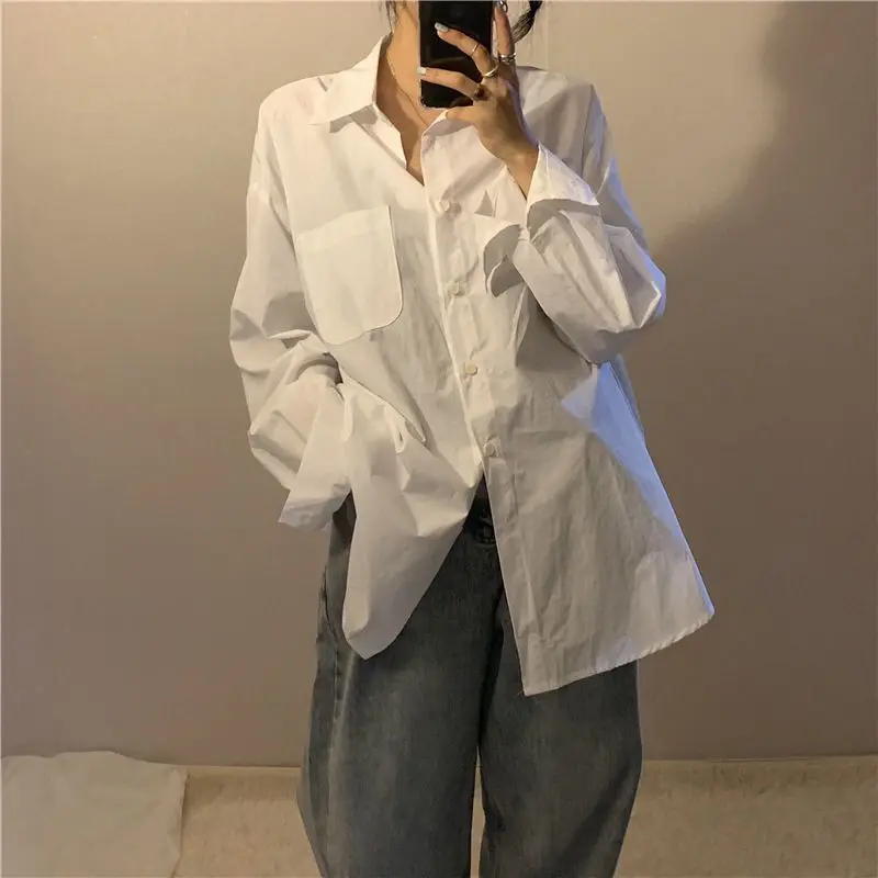 Women Shirt Spring and Autumn Long Sleeve Polo-neck Split Blouses Female Solid White Loose Korean Casual Outside Wear Top Women