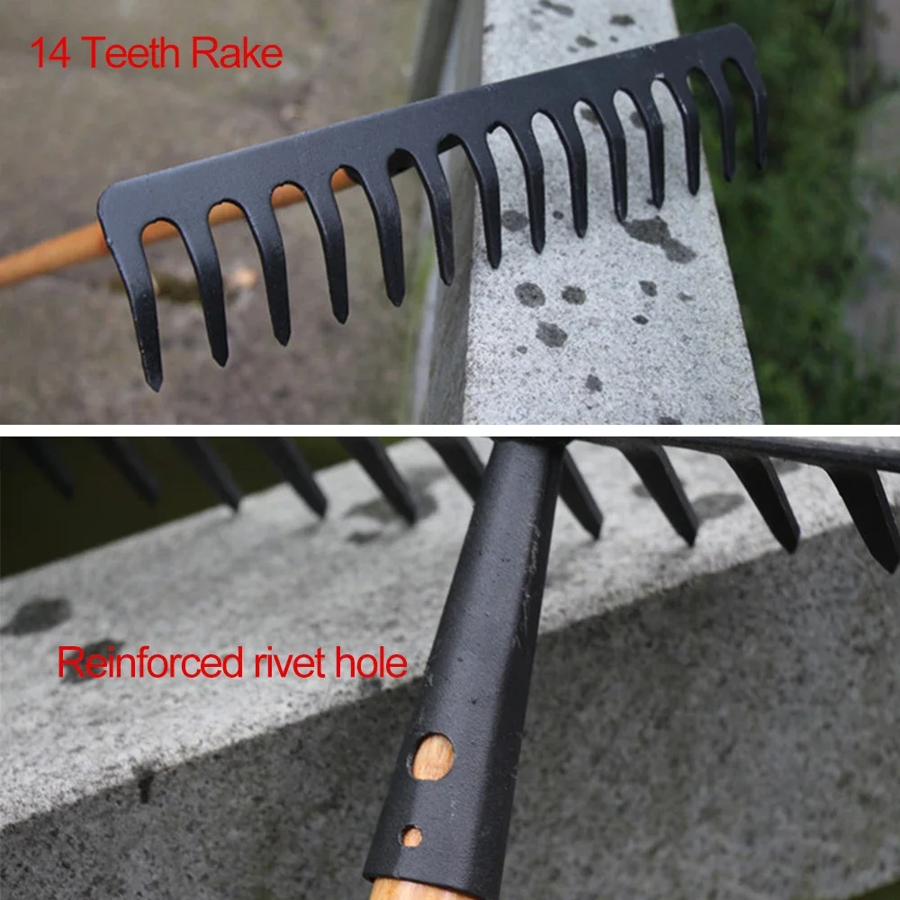 Farming Rake Stainless Steel Rake 14-Tooth Hay Deciduous Pine Soil Garden Gardening Tools Agricultural Farm Household Tools