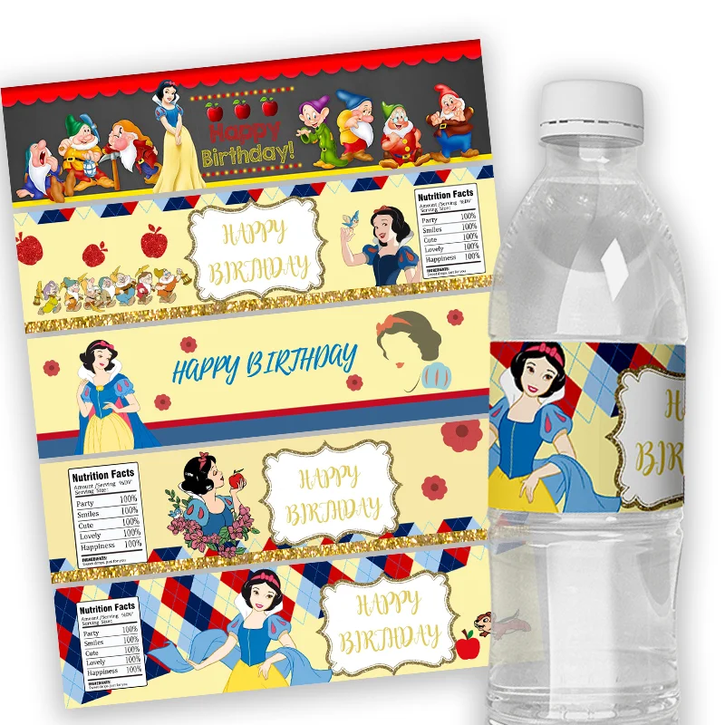 

24pcs Custom Snow White Water Bottle Labels Stickers Wraps Baby Shower Girls Kids Princess Birthday Party Baptism Decor Supplies