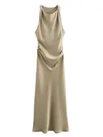 XNWMNZ 2024 Women's Fashion Satin Midi Dress Women High Street O Neck twisted armholes Waist Gathered Fit female Midi Dresses - Image 3