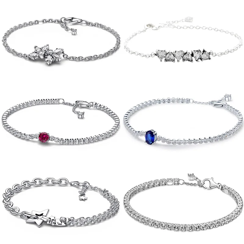 

Sparkling Red Tennis Herbarium Cluster Shooting Star Chain Bracelet 925 Sterling Silver Bangle Fit Europe Bead Charm Jewelry