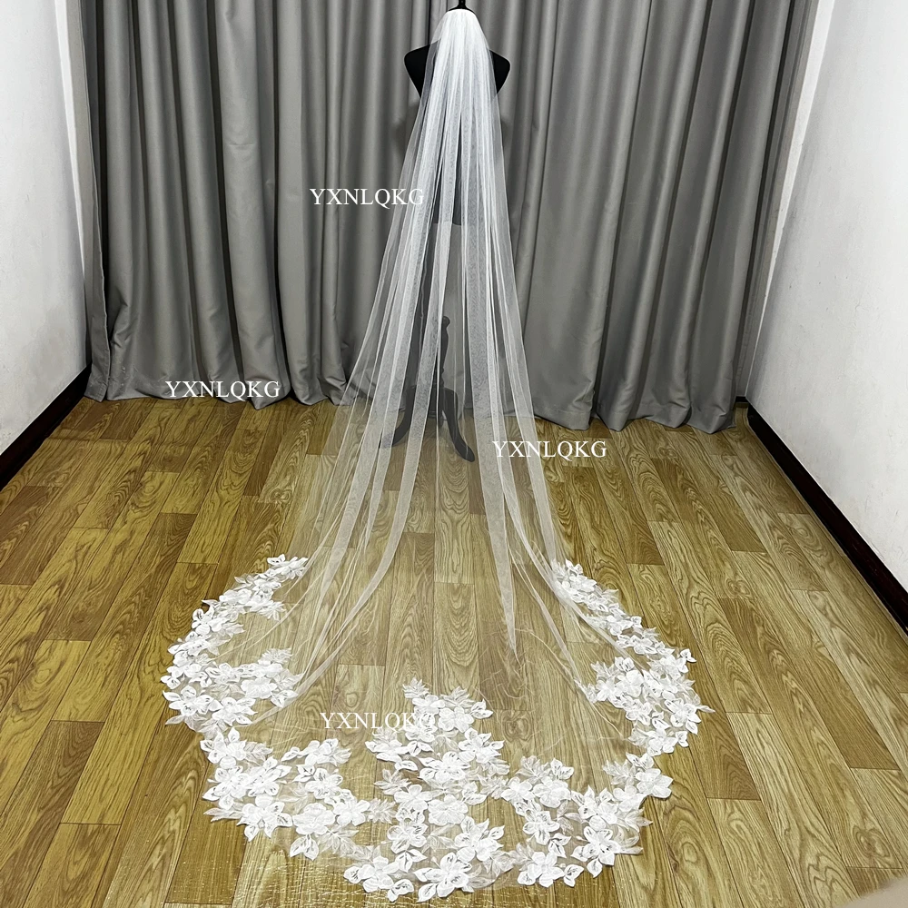 Scallop Beautiful Flower Lace Wedding Veil 3 Meters 1 Layer Soft Tulle Cathedral Ivory Bridal Veil with Comb Wedding Accessories