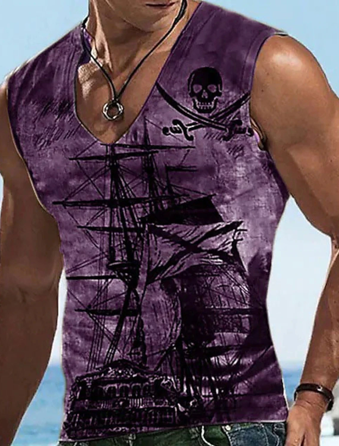 Men\'s Bottom Shirt Pattern Boat Rudder V-Neck 3D Outdoor Street Sleeveless Printed Clothing Athletic Casual Big & Tall Tank Top