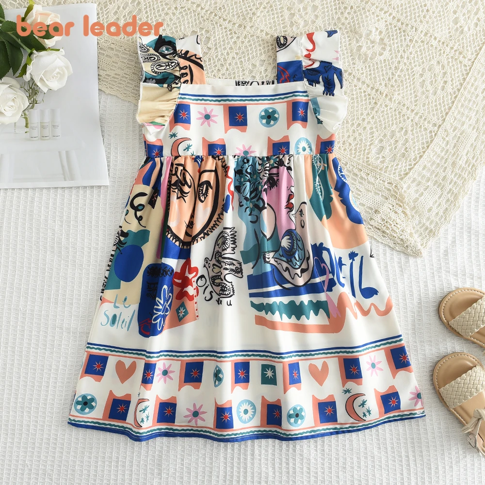 Bear Leader Girls' Set 2023 Summer New Casual Dress Flying Sleeve Graffiti Painting Dress Sleeveless Princess Fashion Dress