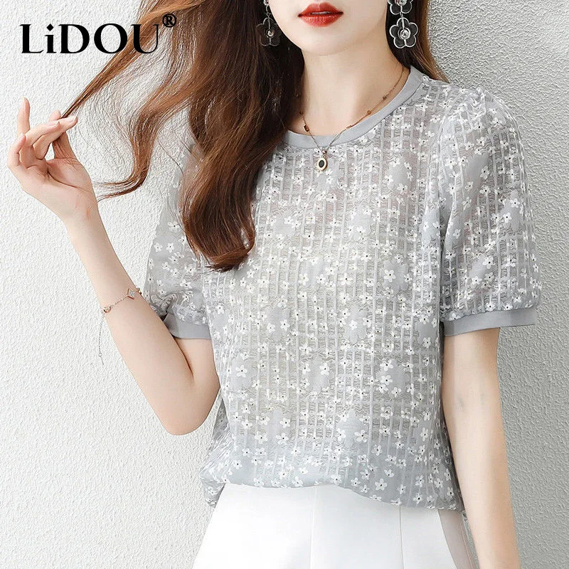 

Summer New Round Neck Short Sleeve T-shirt 2023 Women Fashion Solid Color Floral Printing Elegant Pullovers Loose Chiffon Tees