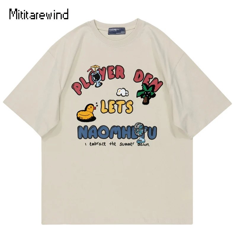 

Funny Letter Cartoon Duck Printed Graphic T Shirts Summer Casual Short Sleeve Oversized T Shirt 100% Cotton Japanese Hip Hop Tee
