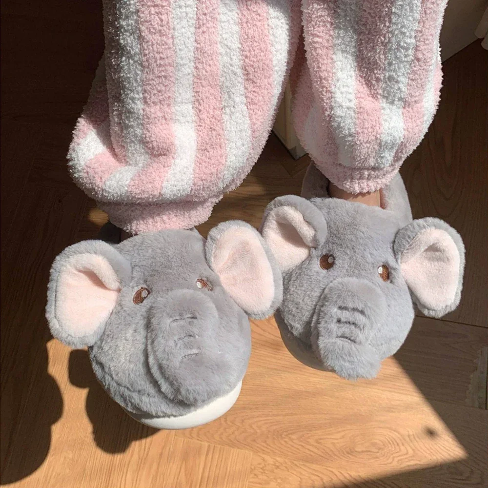 

2024 Plush Women's Soft Sole Cotton Shoes New Cute Elephant Winter Warm Indoor Anti Slip Baotou Thickened Lovers Slippers