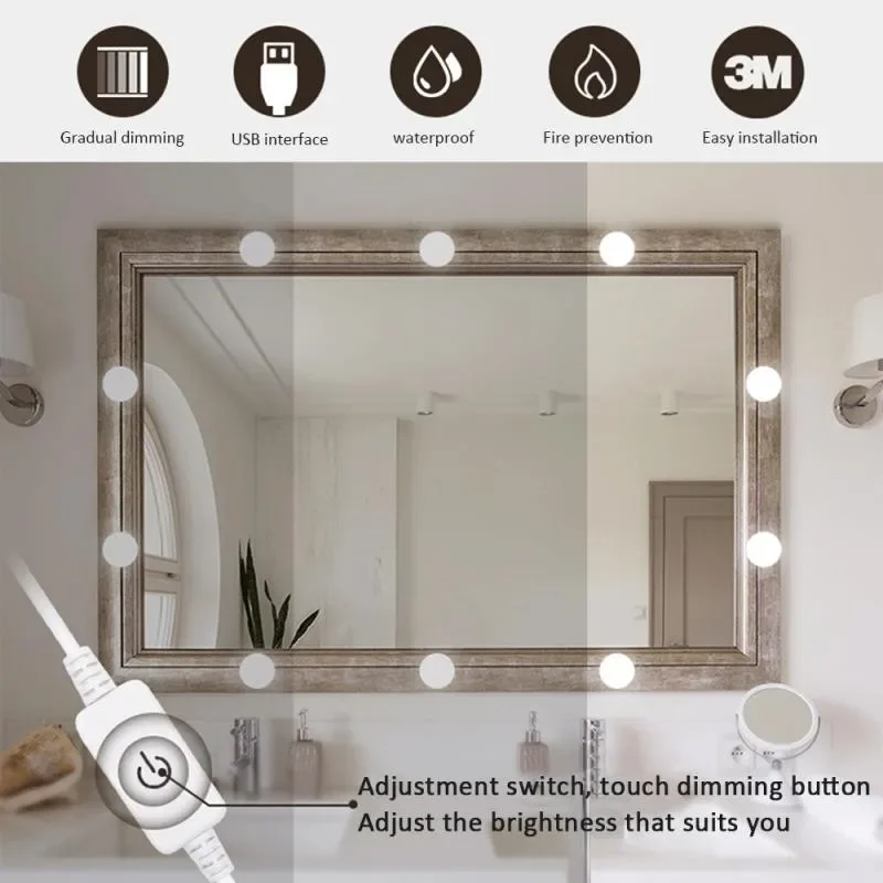 LED Mirror Light Bulb Makeup Vanity Light Bulbs USB Rechargeable Wireless Touch Switch Stepless Dimming Mirror Lights for Dress