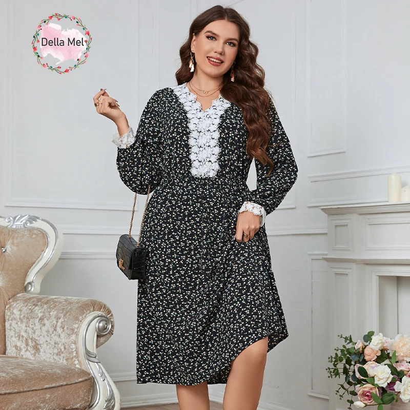 

Della Mel Plus Size Women Clothing Floral Print Chic Casual Dress Autumn Winter Long Sleeve Black Elegant V Neck Party Dresses