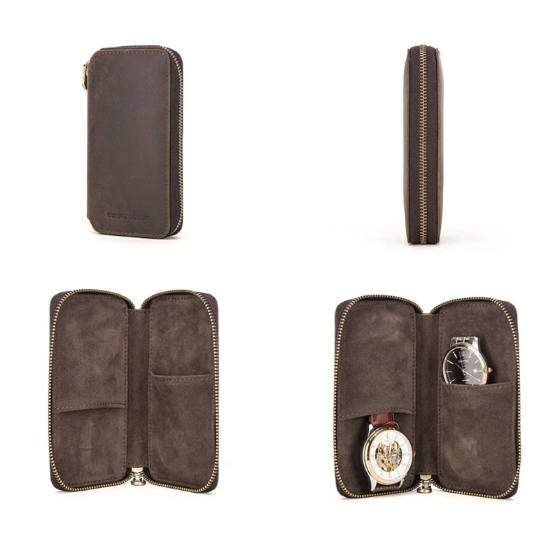 Rustic Leather 2-Slot Watch Box Luxury with Zipper Portable Bag Holds Watches Brown Watch Bag Watch Storage Box Watch Storage Bag Watch Storage Pouch Leather Storage Box