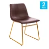 18 inch Dining Table Height Chair, Mid-Back Sled Base Dining Chair in Dark Brown LeatherSoft with Gold Frame, Set of 2 3