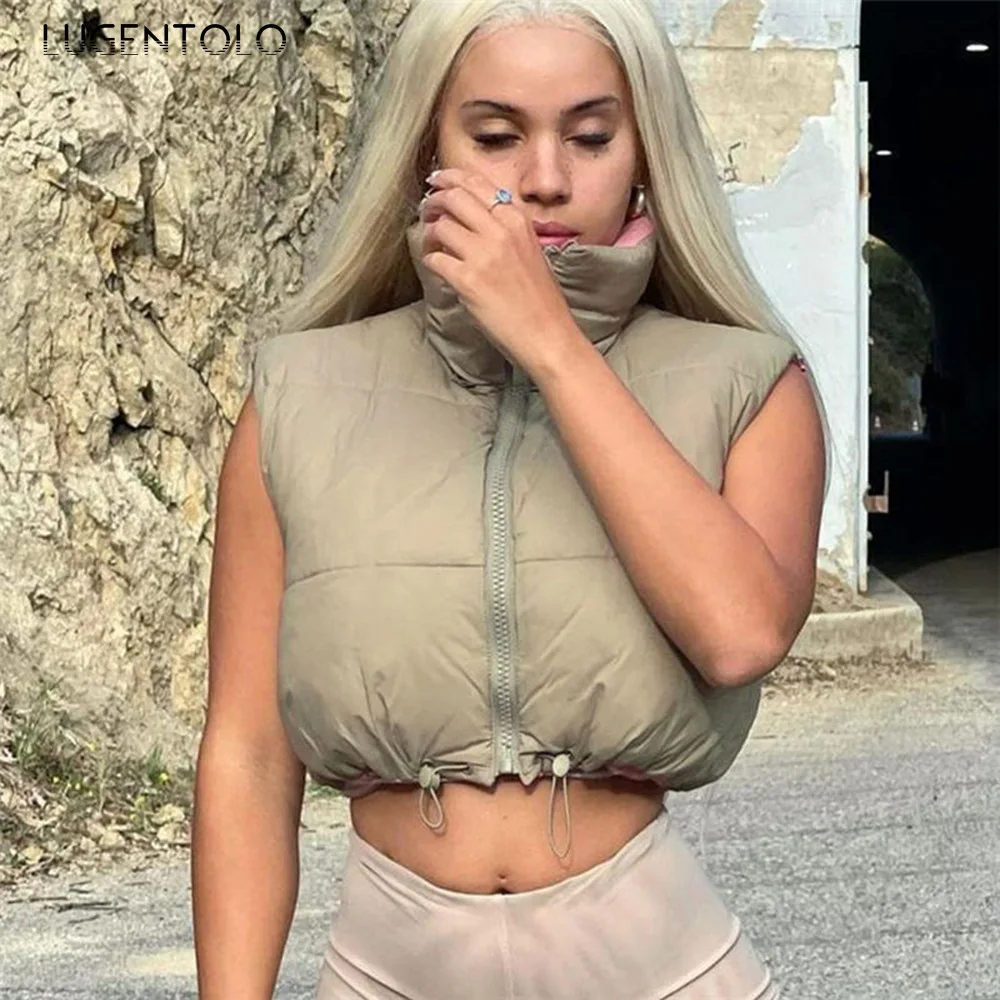 

Lugentolo женские модные сексуальные жилеты парки зимние без рукавов с высоким воротником на молнии женские уличные тонкие удобные повседневные короткие куртки