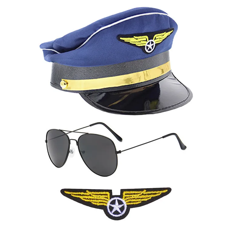Pilot Captain Costume Accessorie hat tie white gloves 6-piece men's cosplay party