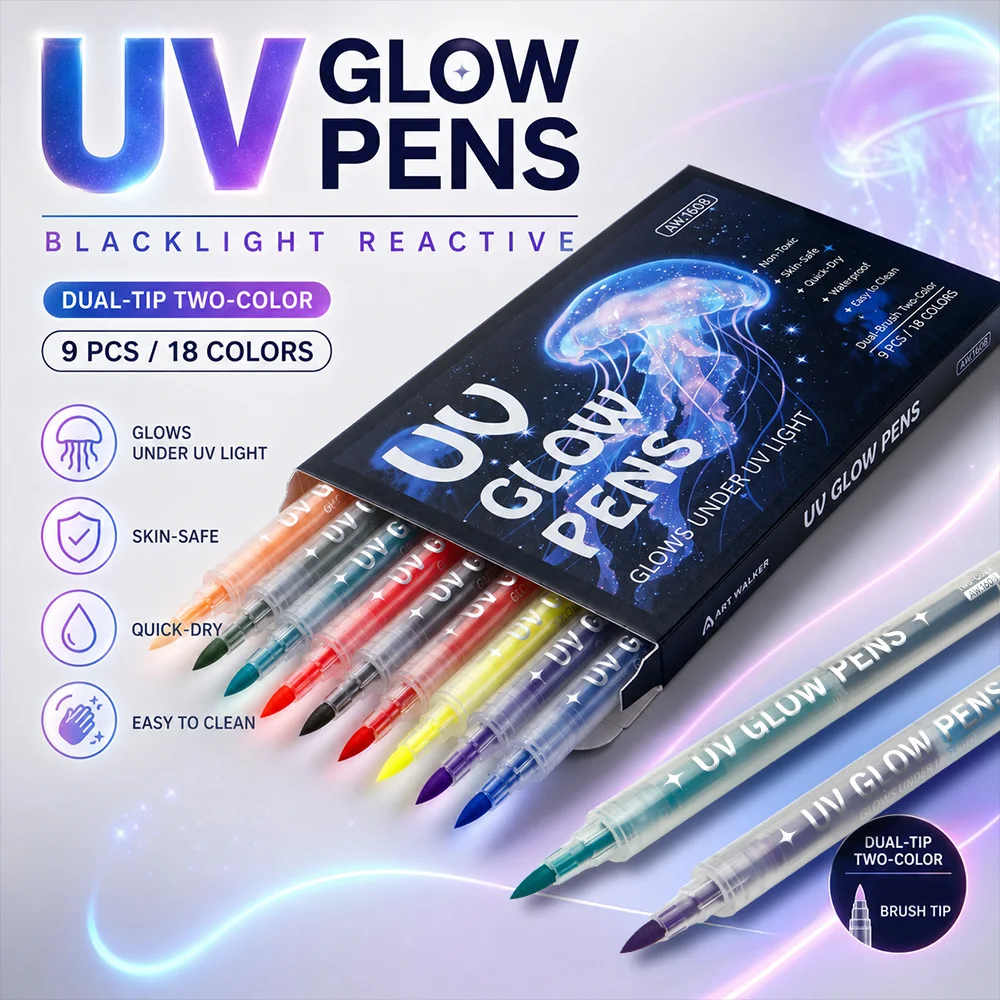 6/9 Pcs 듀얼 컬러 UV 형광 마커 듀얼 팁 파티 바디 페인팅 장식 빠른 건조 무독성 다크 글로우 펜 아트 도구