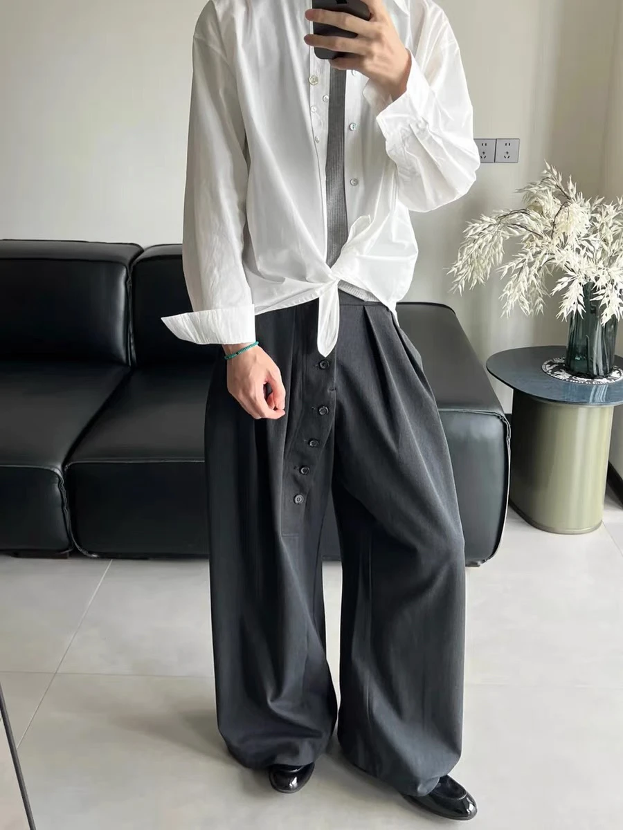 Loose Wide Leg Men's Casual Pants Vintage Drapey Button Design Comfortable Loose Fit Youthful Sle Long Trousers for Autumn