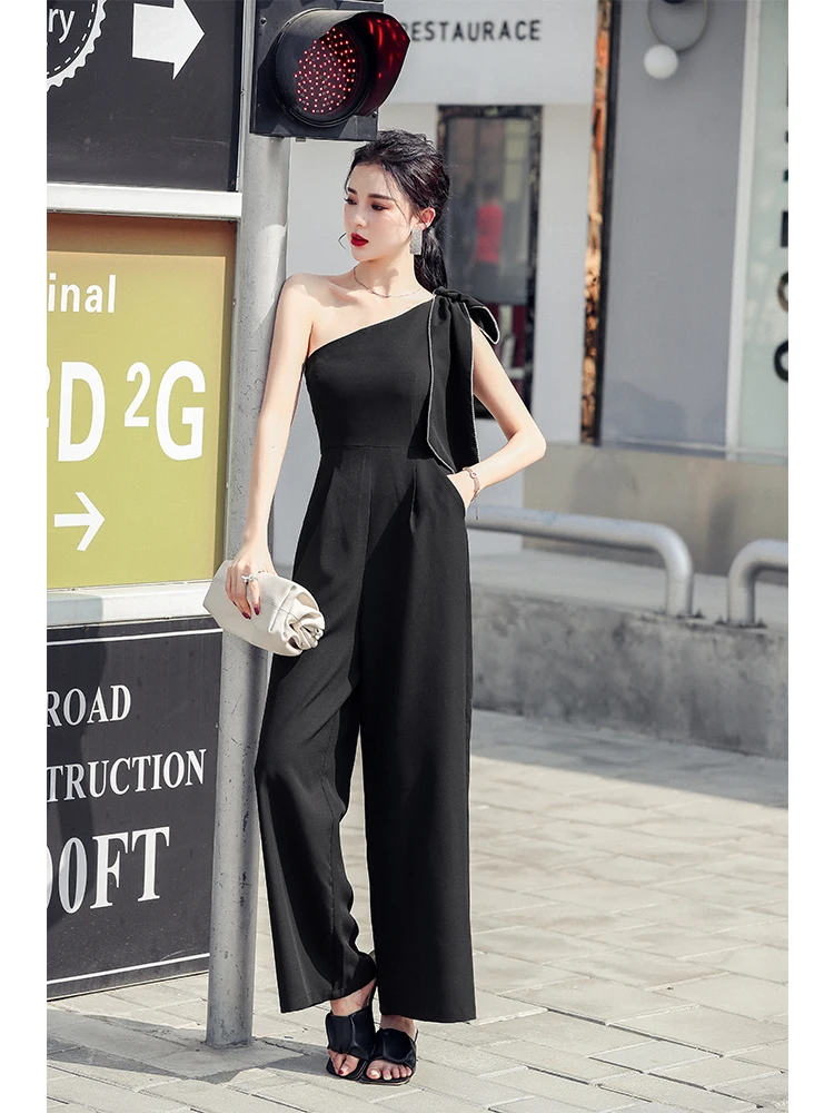 Summer New Niche Design Jumpsuit Rhinestone Bow Slanted Shoulders Waist Thin Wide Trousers Jumpsuits