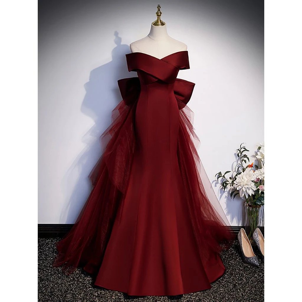 

New Burgundy Evening Dresses Detachable Bow Train Long Off Shoulder Satin Boat Neck Mermaid Wedding Party Prom Gowns Formal