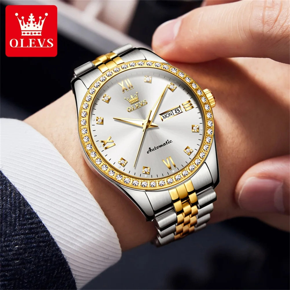 OLEVS Mens Watches Top Brand Luxury Diamond Mechanical Watch Men Stainless Steel Waterproof Luminous Hands Fashion Wristwatch