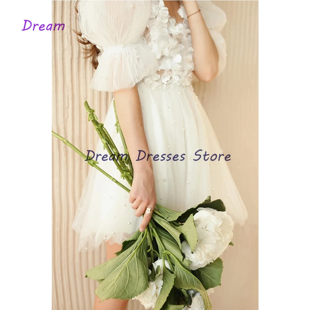 Charming Short Cocktail Dresses White Beading 3D Flower Mini Length Homecoming Dresses Prom Dress Vestidos De Coctel
