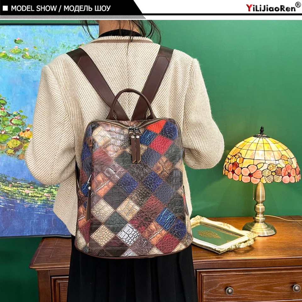 Fashion Plaid Backpack Women Soft Leather Daypack Female Large Rucksack Travel Bag Ladies Bagpack Big School Backpack for Girls