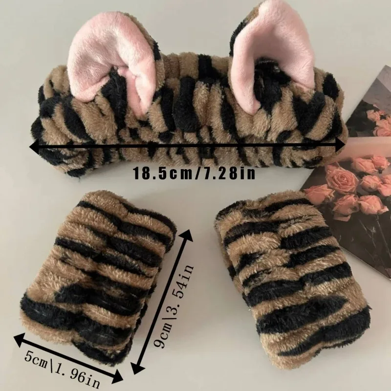 3-piece Cute Cat Ear Leopard Print Plush Headband Suitable for Girls' Spa, Face Washing, and Makeup Headband Elastic Wristband