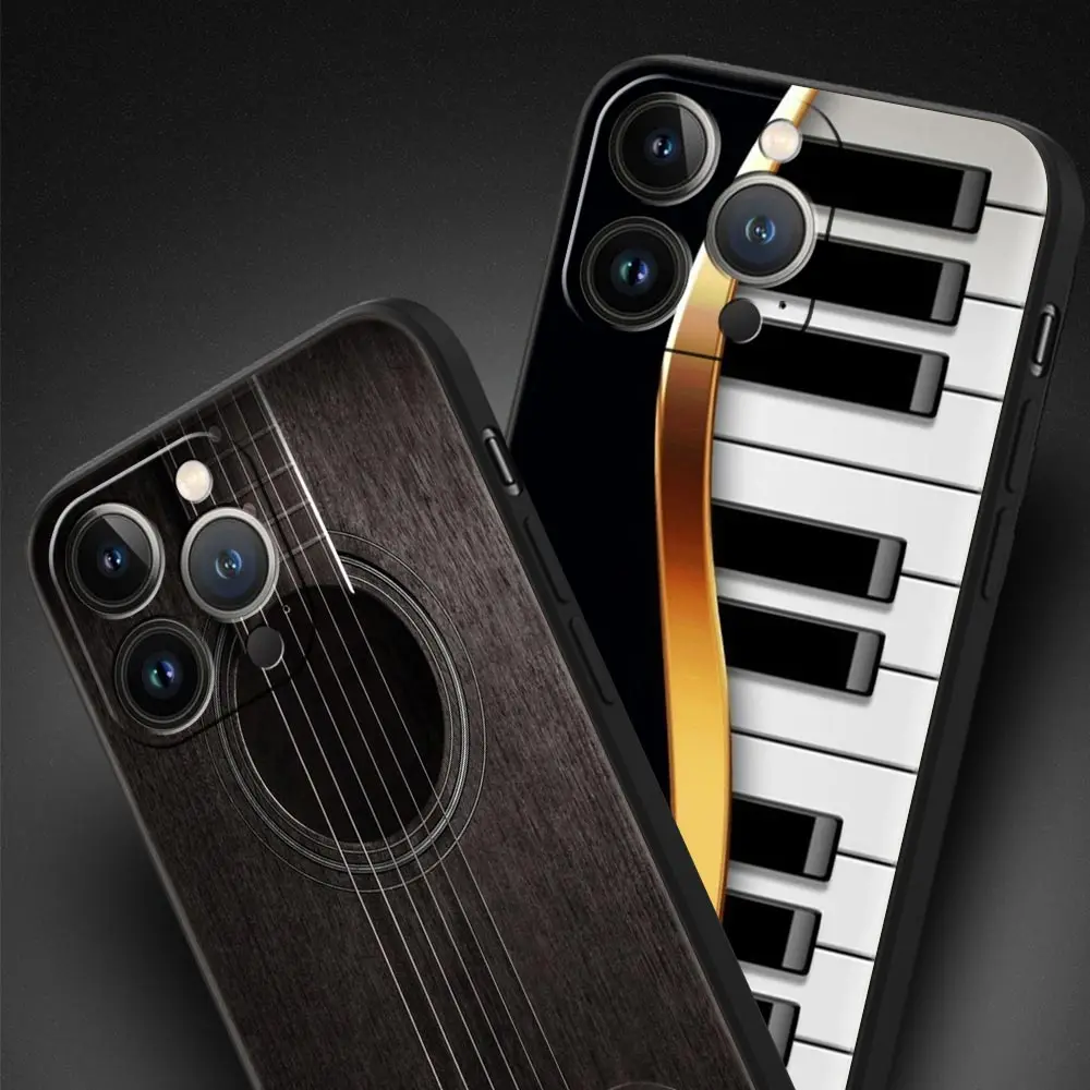 Elegant Black Music Instrument Phone Case with Guitar and Piano Design